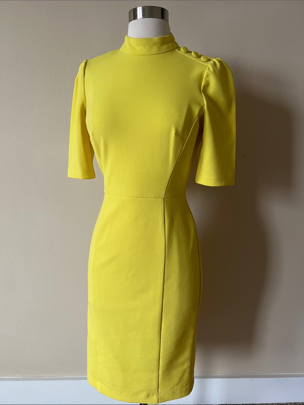 Donna Morgan Yellow High-Neck Midi Dress with Button Shoulder